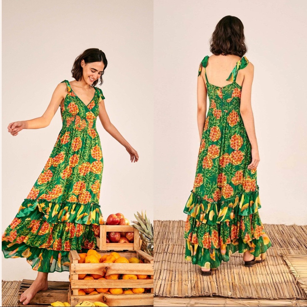 Farm Rio Pineapple Galore Smocked Waist Maxi Dress